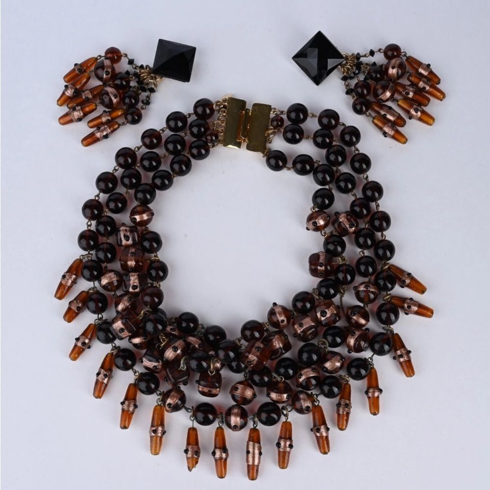 Vintage Eric Beamon Brown Beaded Necklace and Earrings - Picture 2 of 4
